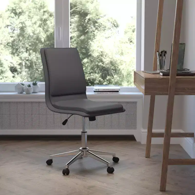 Mid-Back Armless Swivel Task Office Chair Bonded Leather Adjustable Metal Base