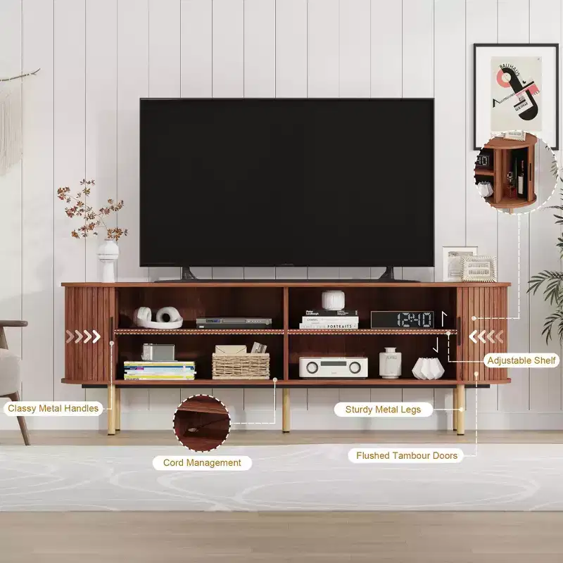 70.1 TV Entertainment Center with Storage and Sliding Doors for TVs Up to 80 Inches for Living Room, Bedroom, Hallway, Walnut