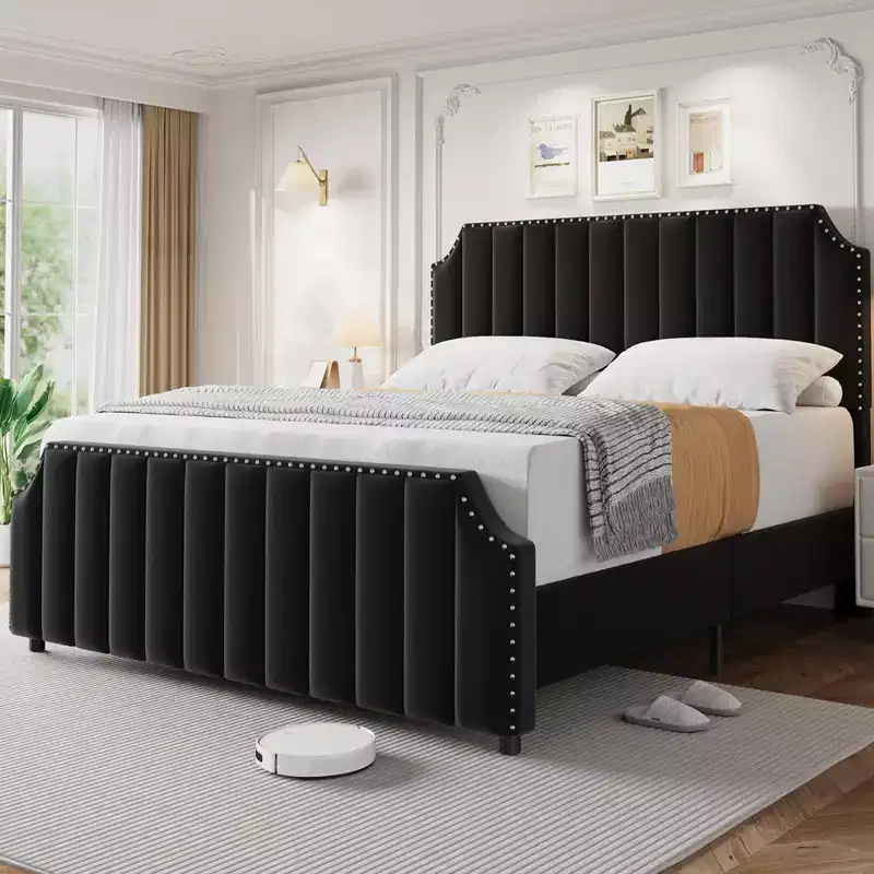 King Size Platform Bed Frame with Velvet Upholstered Headboard & Rivet Decor - No Box Spring