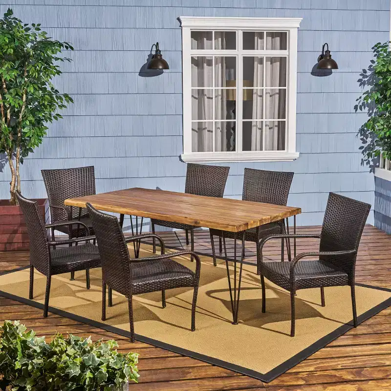 GDFStudio Dalupiri Outdoor Wicker and Acacia Wood 7 Piece Dining Set