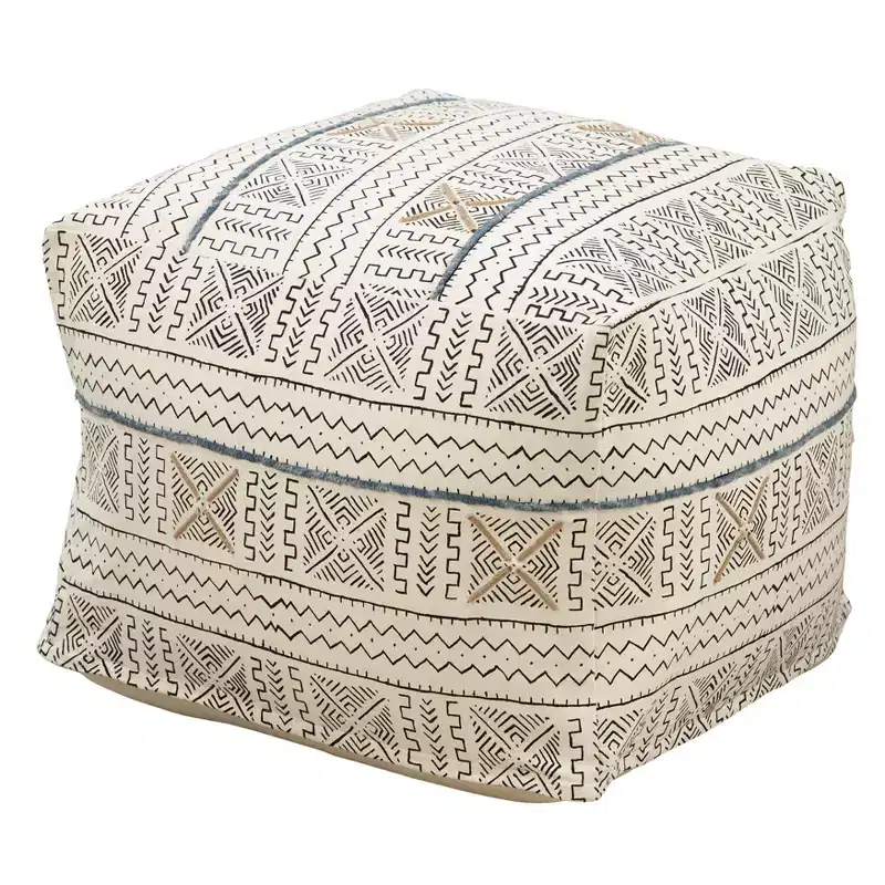 Abstract Design Mudcloth Floor Pouf, White, 20x20x14
