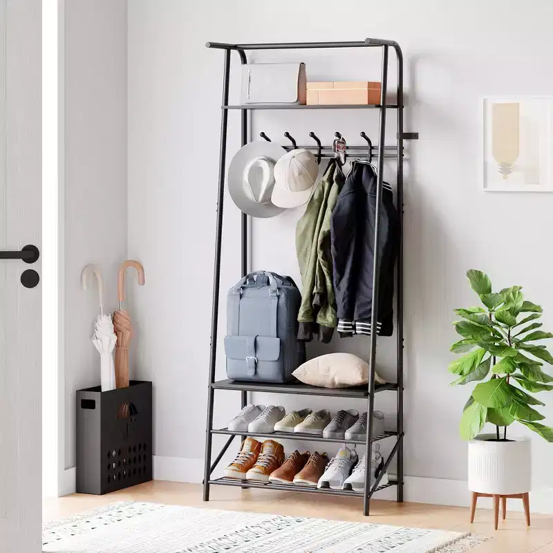 Industrial Entryway Hall Tree with Double Hooks, Shoe Storage Bench and Top Shelf