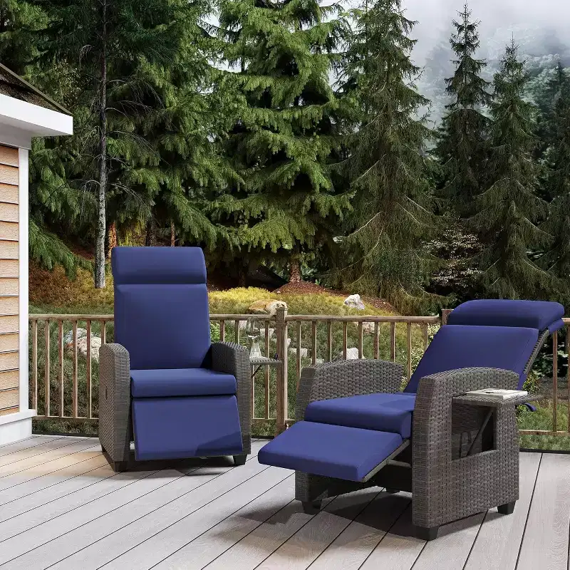 Outdoor Recliner with Adjustable Backrest and Footrest, PE Wicker Patio Reclining Lounge Chair with Flip-Up Table Air Pump 155 Lay Flat