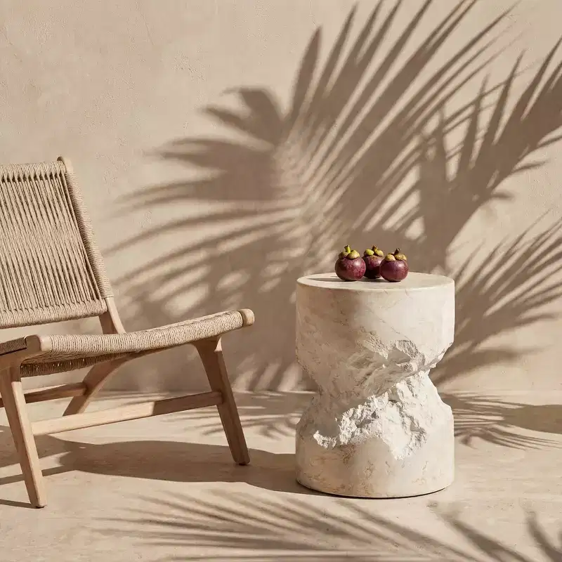 Handcrafted Faux Travertine White Side Table - 13.8 Round Concrete Top, 200lbs Capacity, Weather-Resistant, Indoor/Outdoor No-Assembly Use