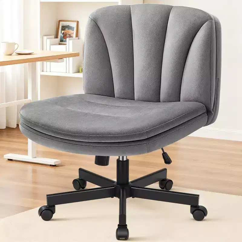 Cross Legged Office Chair, Armless Adjustable Vanity Desk Chair With Wide Seat, Velvet Fabric, Gray