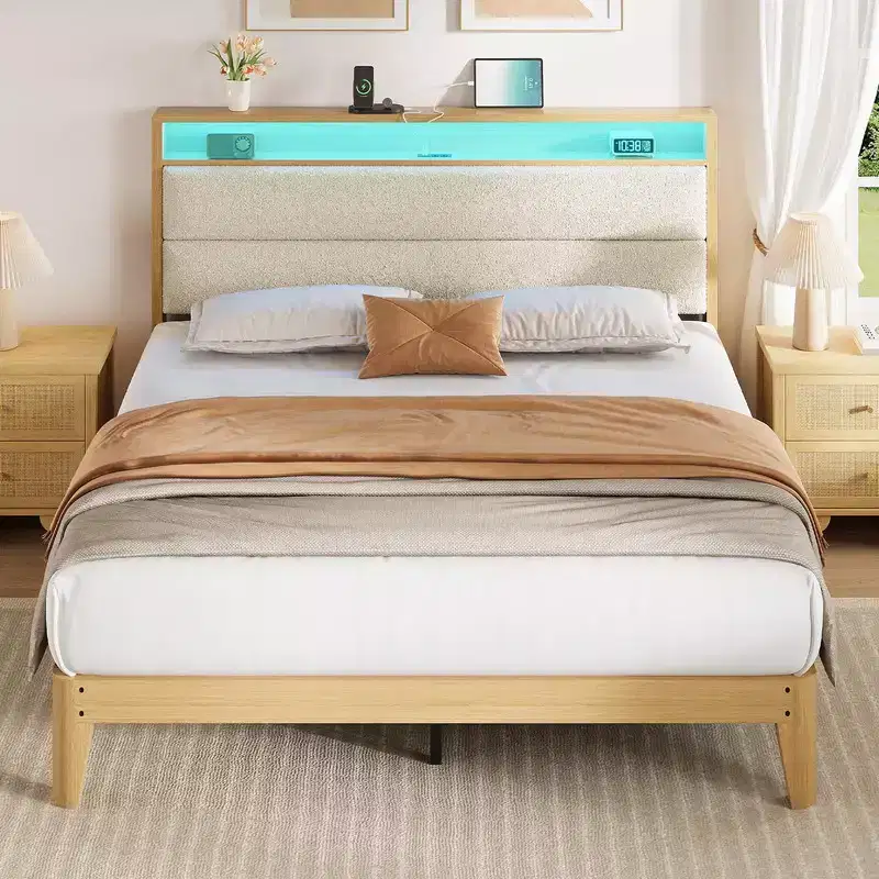 Coolmee Upholstered Boucle Bed Frame with RGB LED Light and Charging Station, 2-Tier Storage Headboard and Sturdy, Wooden Slats Support