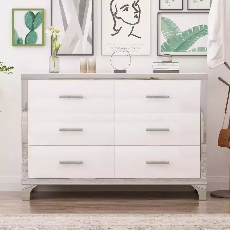 MAYEERTY High Gloss Dresser with Metal Handle Mirrored Storage Cabinet with 6 Drawers for Bedroom White
