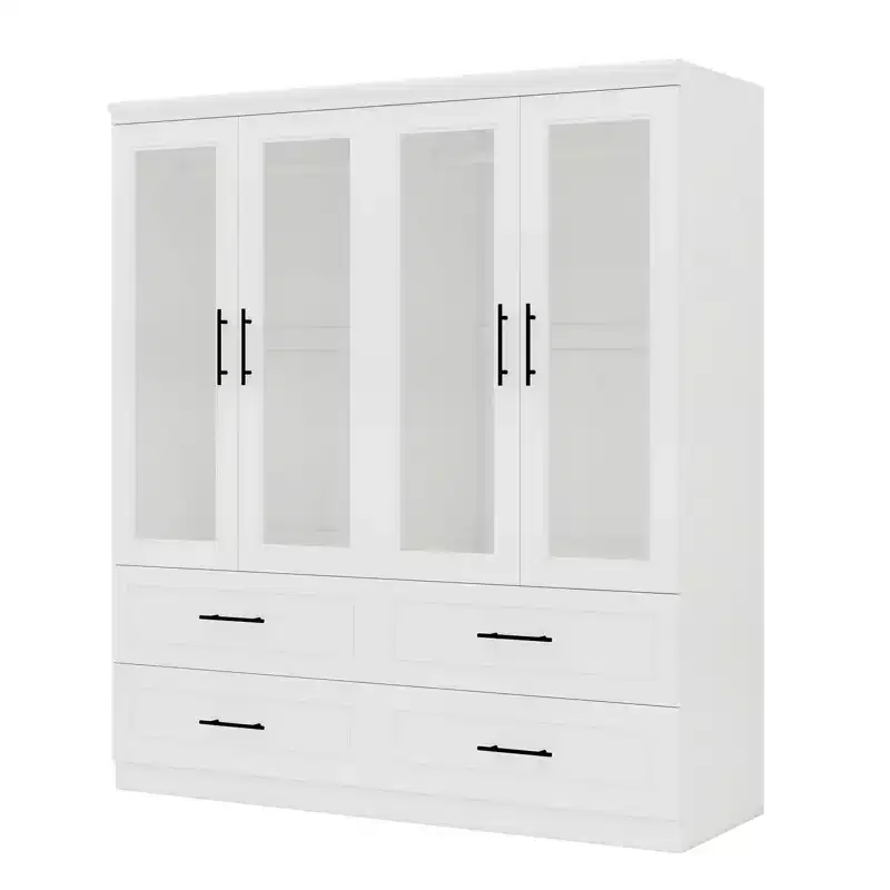 Keloyid White Wood 63 in. Armoire with 4 Drawers and 4 Doors