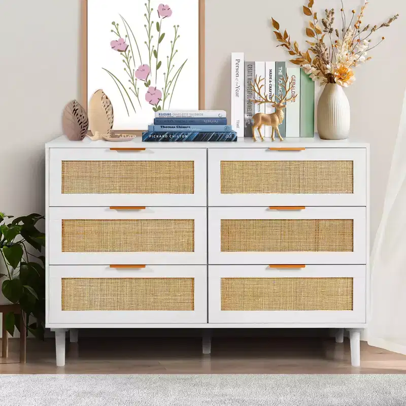 VEVOR 6 Drawer Rattan Dresser, Boho Dresser, Rattan Chest of Drawers with Spacious Storage, Natural Rattan Dresser, White