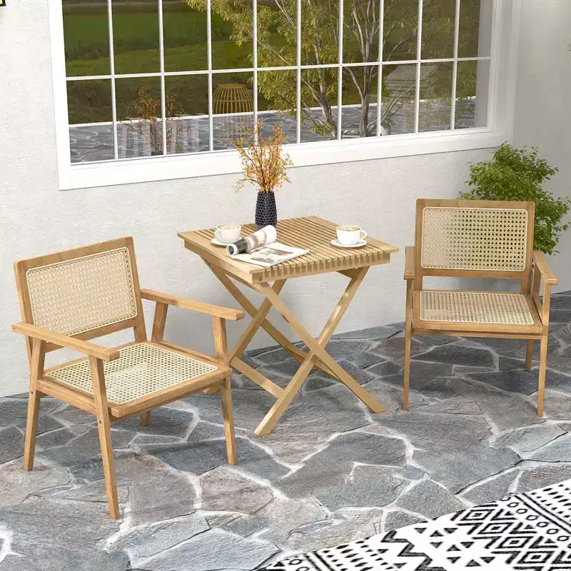 Costway 1/2 PCS Wood Chair Indonesia Teak Wood Armchair with Natural Rattan Seat & Back Patio Chair for Porch