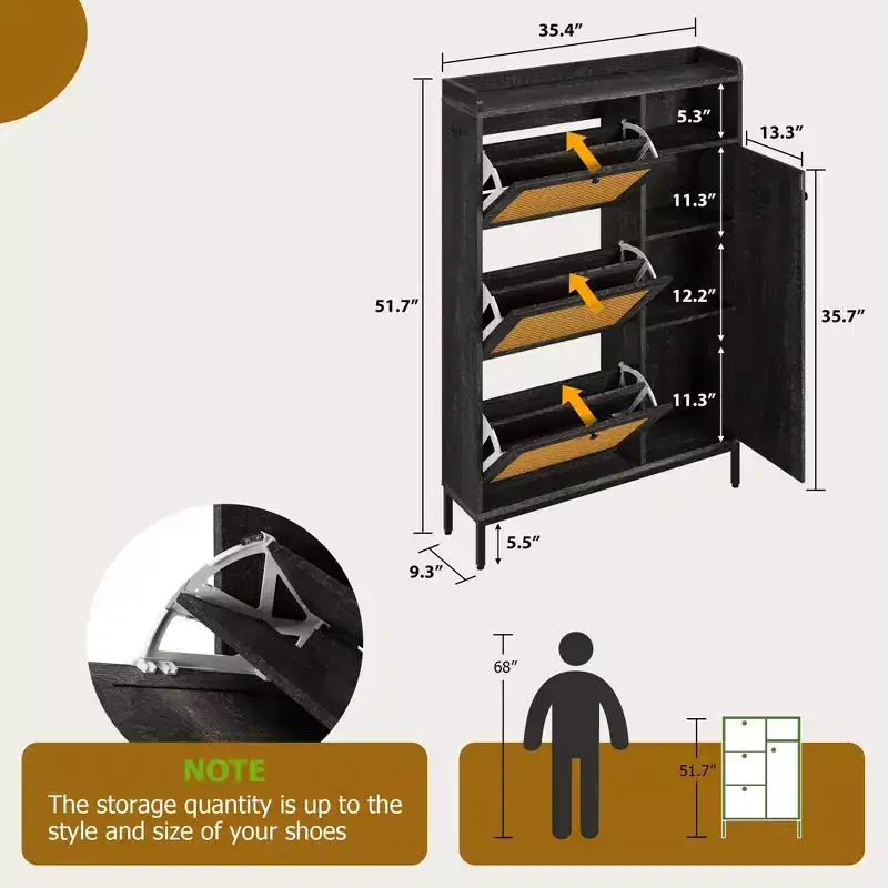Narrow Rattan Shoe Cabinet - 3 Turn-Over Drawers, 4-Tier Adjustable Shelves, 18-24 Pairs Capacity