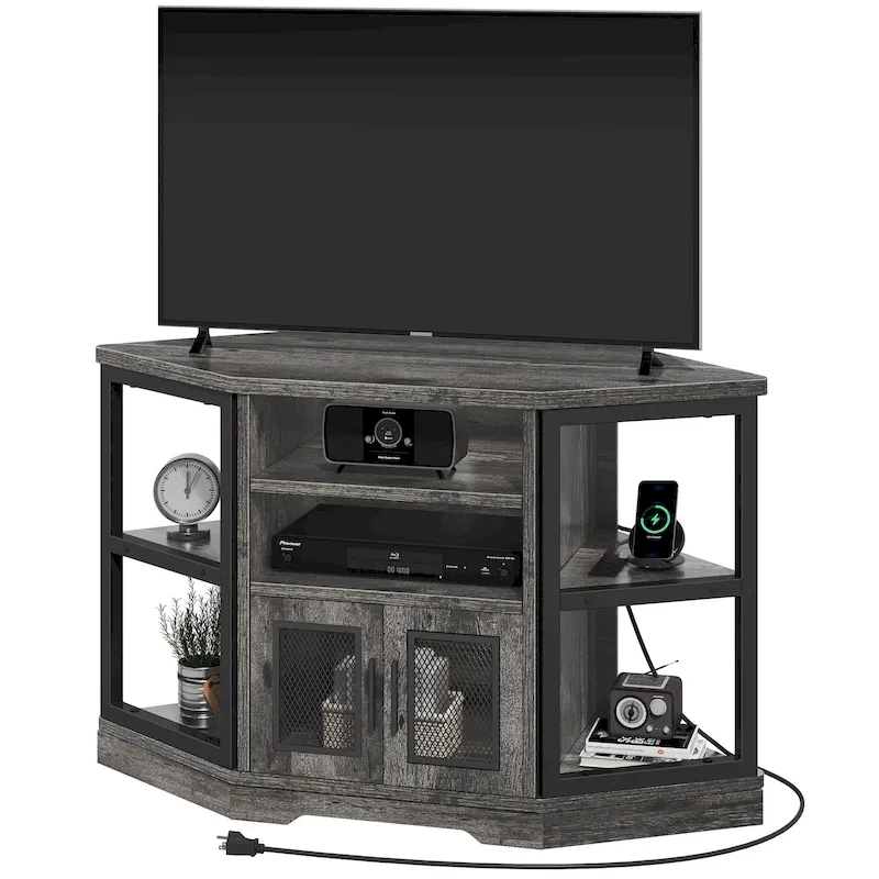 Farmhouse Corner TV Stand with Power Outlets, USB Ports and Mesh Soft-Close Doors – Grey Oak, Fits TVs up to 55