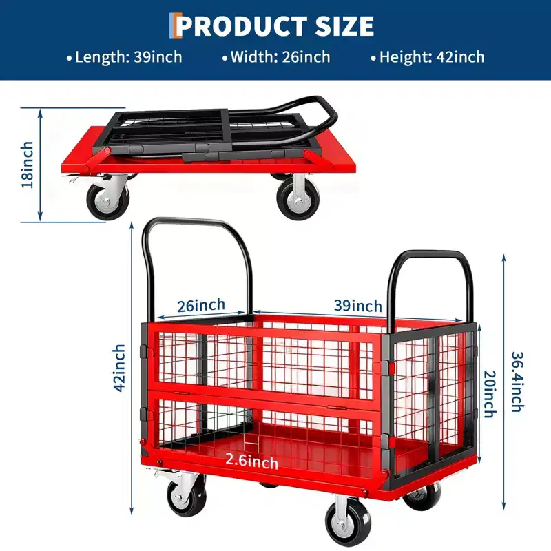 High load capacity 816kg, multi-functional folding trolley - with cage - 360-degree swivel casters - platform truck