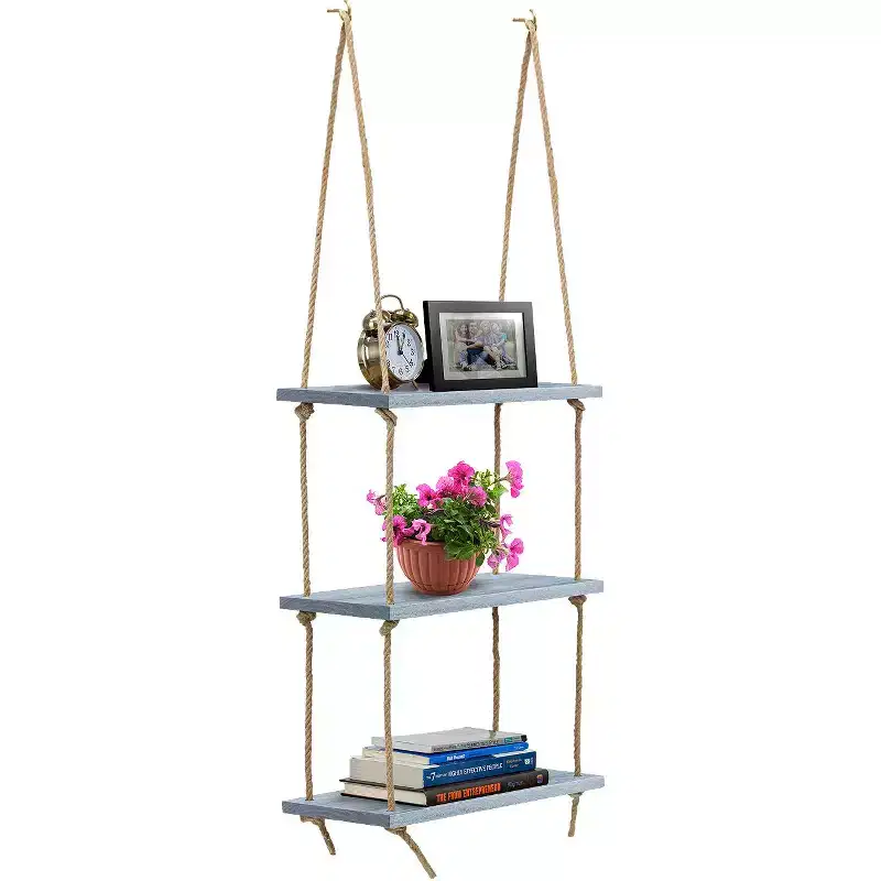 3-Tier Sorbus Rustic Wood Hanging Shelf - Storage Rope Organizer Rack, Floating Display Shelves (Grey)