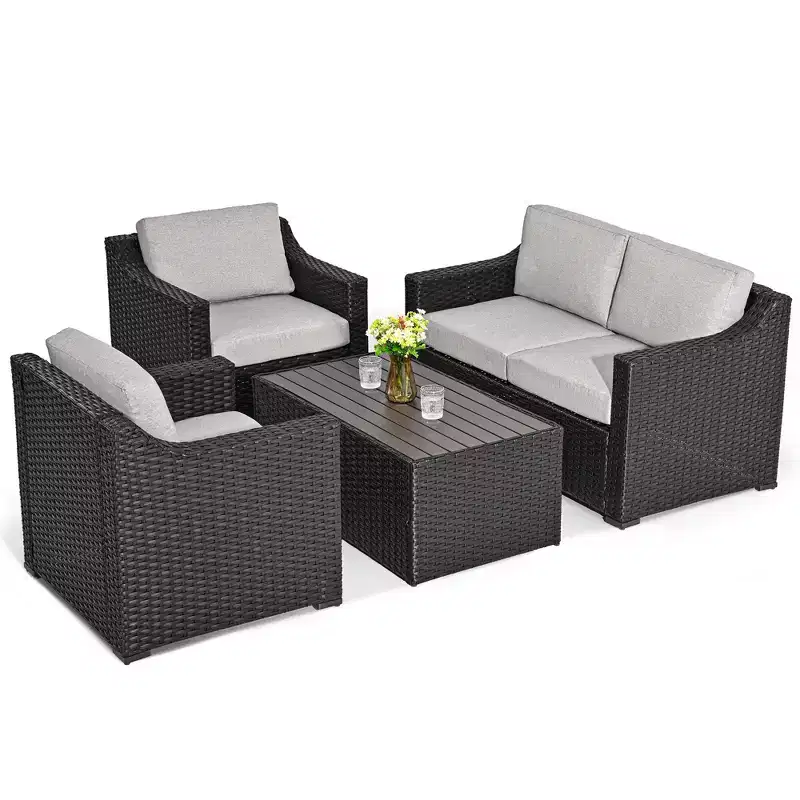 HAPPATIO Patio Conversation Set for 4, All-Weather Patio Furniture Set, PE Wicker Outdoor Sectional Sofa