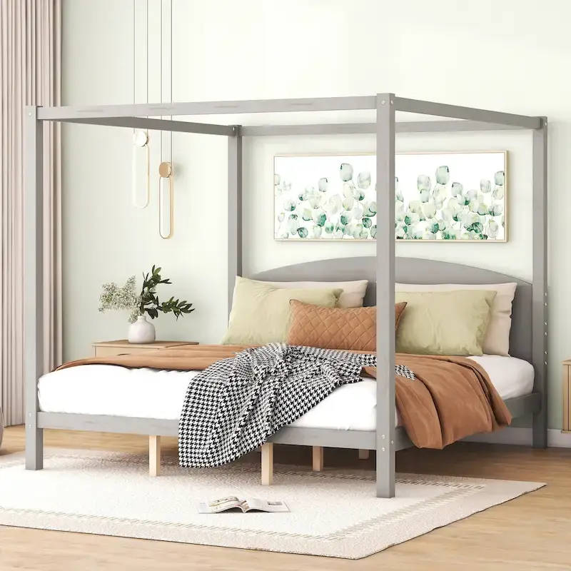 Pine Wood Canopy Platform Bed with Headboard, Support Legs, Wash Finish