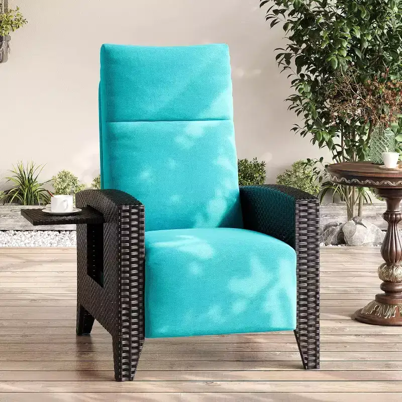 Outdoor Wicker Recliner with Adjustable Back and Footrest, Reclining Patio Chair with Independent,Outdoor Recliner Chair with Cushion