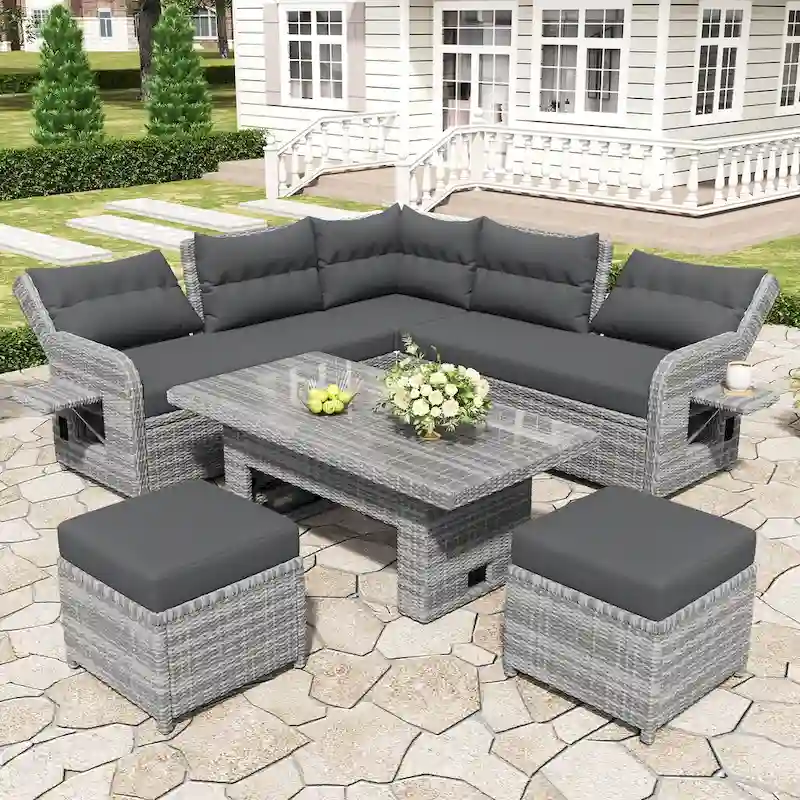 Outdoor Rattan Sectional Sofa Set with Adjustable Table & Recliners