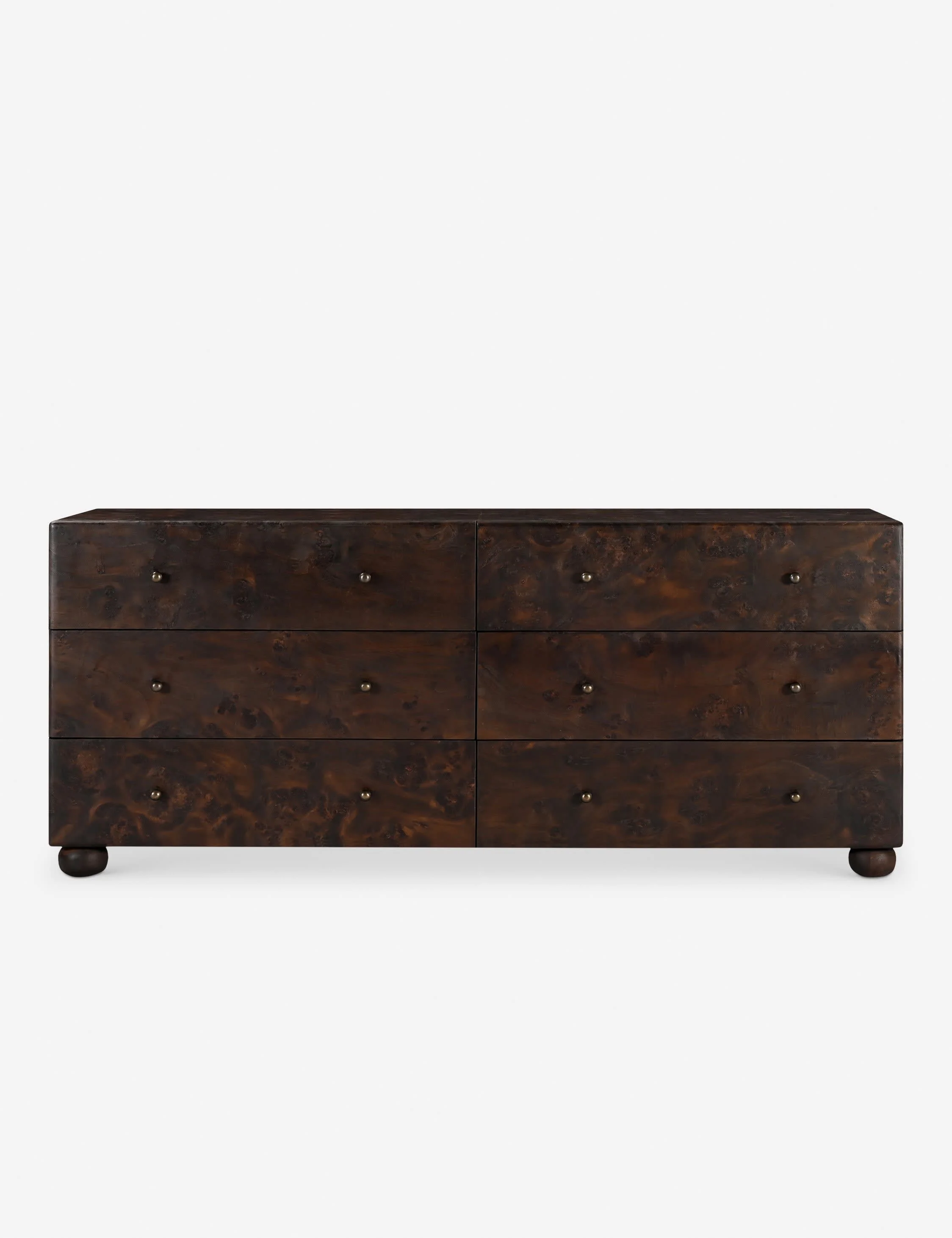 Dresser Bring a timeless finish to your bedroom edit. The dresser sits on bun feet with a solid bearing, clad in burl and brass for that undersd