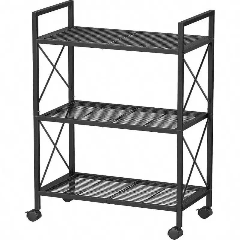 3 - Tier Metal Storage Rack with Wheels Mesh Shelving Unit X Side Frames 23.6 - Inch Width Black Entryway Kitchen