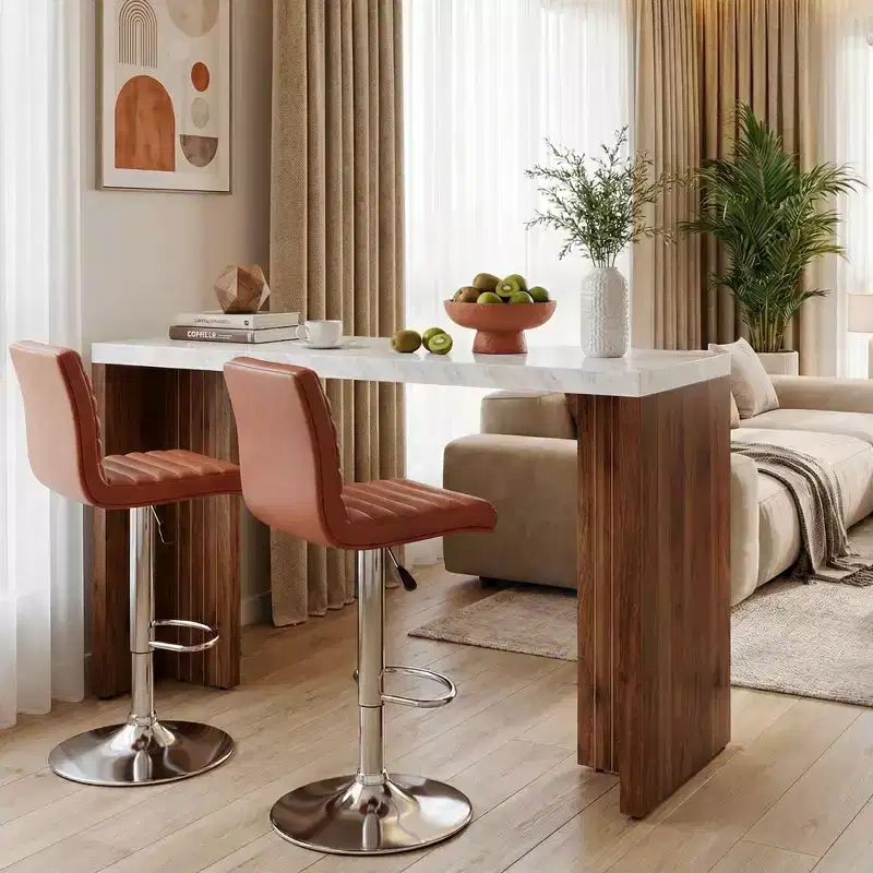 MAYEERTY 55.12 Minimalist Bar Table, Faux Marble Top & Dark Walnut Legs, 36.02 Height Heavy-Duty Home Bar Unit