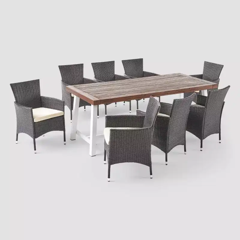 Flamingo 9pc Wood and Wicker Dining Set Dark Brown/Multibrown/Beige - Christopher Knight Home: Weather-Resistant, 8 Chairs