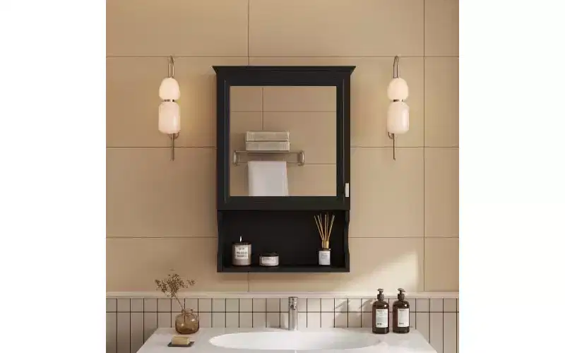 AMMER 20'' Wall Mounted Bathroom Storage Cabinet with Mirror, Wall Mounted Home Storage with Door, Mirrored Wall Medicine Cabinet, Black