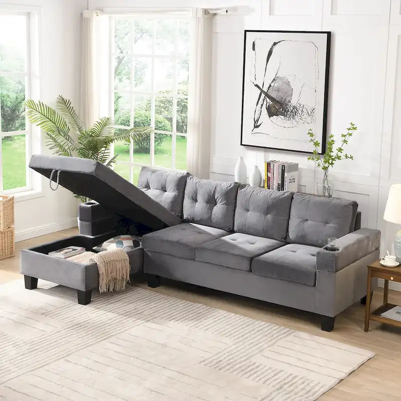 Grey 97.8 Modern 4-Seat Sofa with Storage Chaise
