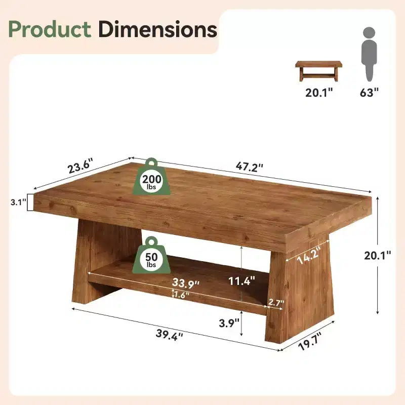 Lantine 2-Tier Solid Wood Coffee Table, 47-Inch Farmhouse Center Table with Storage for Living Room, Apartment, Home Office, Dark Brown
