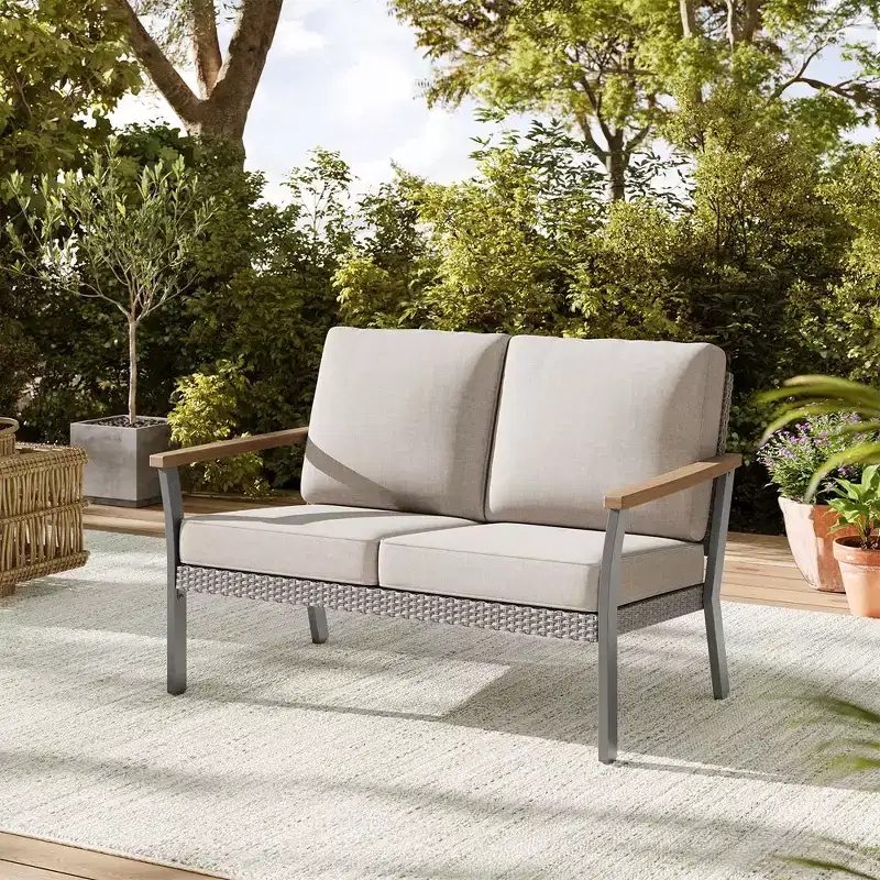 SONGMICS HOME Sencillo Collection - Loveseat, 2-Seat Sofa, Lounge Chair, Patio Seat, with Faux Wood Armrests,Gray and Beige