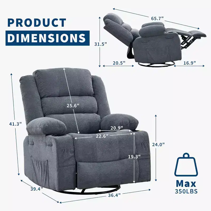 360 Swivel Rocker Recliner Chair for Adults, Rocking Manual Glider Sofa with 3 Positions, 2 Cup Holders, 4 Pockets for Living Room, Bedroom