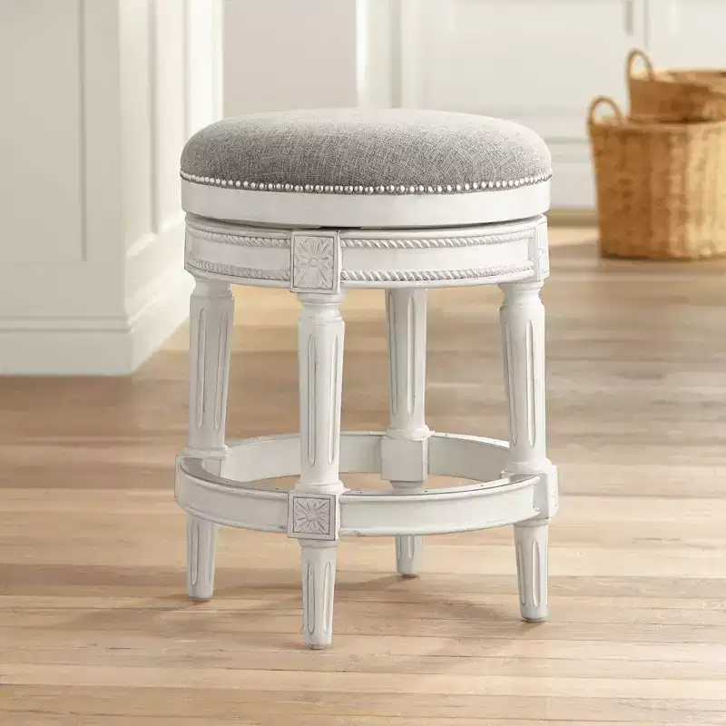55 Downing Street Oliver Wood Swivel Bar Stool Distressed White 24 1/2 High Traditional Pewter Round Cushion with Footrest for Kitchen Counter Island