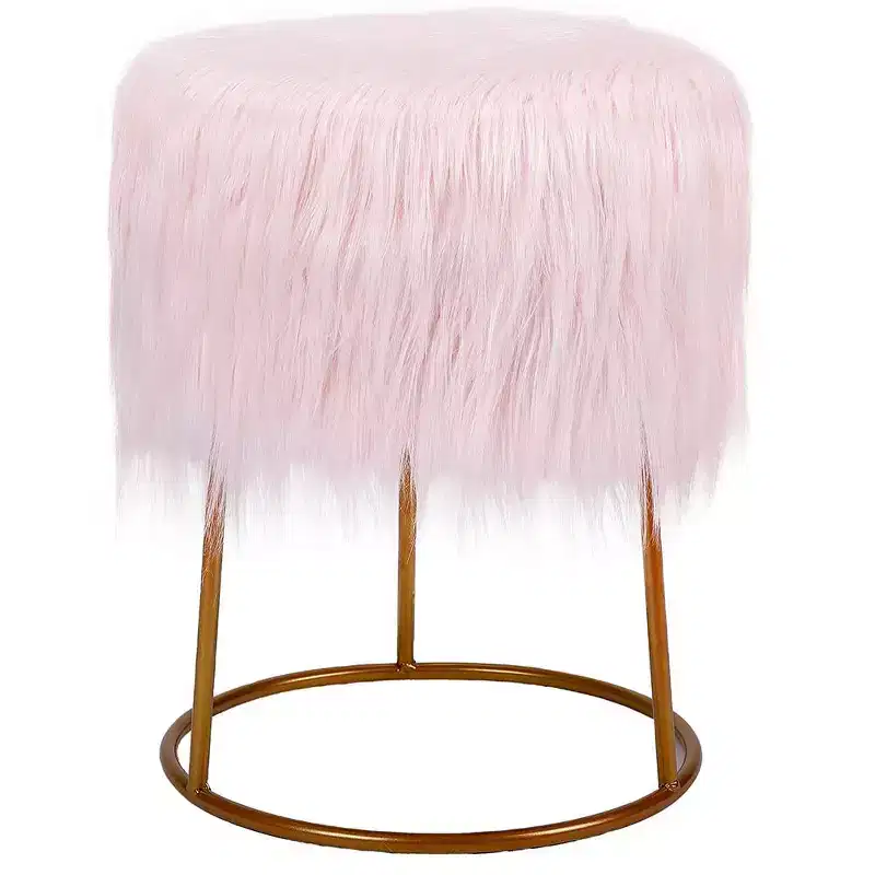 BirdRock Home Round Pink Faux Fur Foot Stool Storage Ottoman with Pale Gold Legs