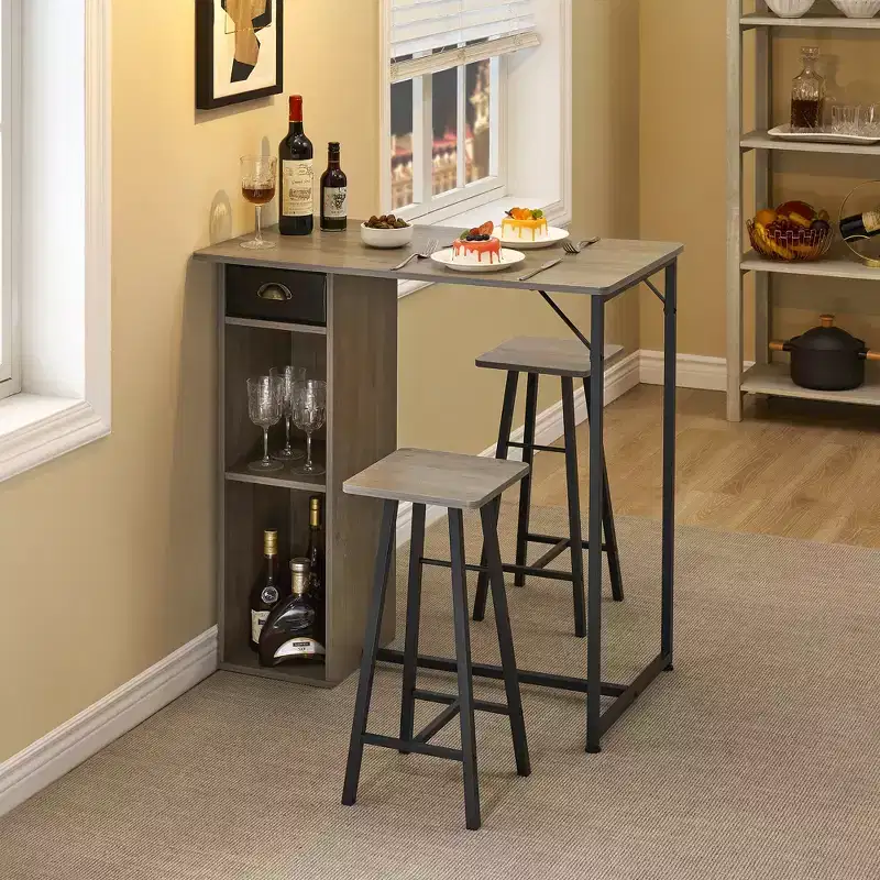 3-Piece Small Bar Table and Chairs Set  Space Saving Pub Table with Storage Drawer & Shelf, Retro