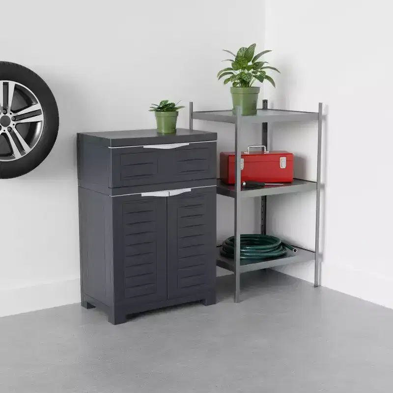 HomeRoots 24 Charcoal Plastic Accent Cabinet With Two Doors And One Drawer