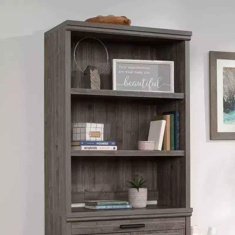 Sauder Aspen Post Hutch Top Pebble Pine: Modern Farmhouse Office Cabinet, MDF Frame, 2 Fixed Shelves, 25 lb Capacity