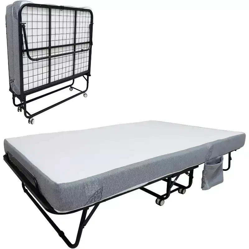 Folding Bed with Mattress for Adults,Portable Rollaway Guest Beds , Foldable Metal Frame Bed with 5 Memory Foam Mattress & Side Storage Pocket