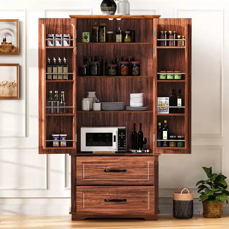 71 Farmhouse Pantry Cabinet with 2 Drawers & 8 Door Shelves - Embossed Texture Freestanding Storage for Kitchen, Dining & Living Room