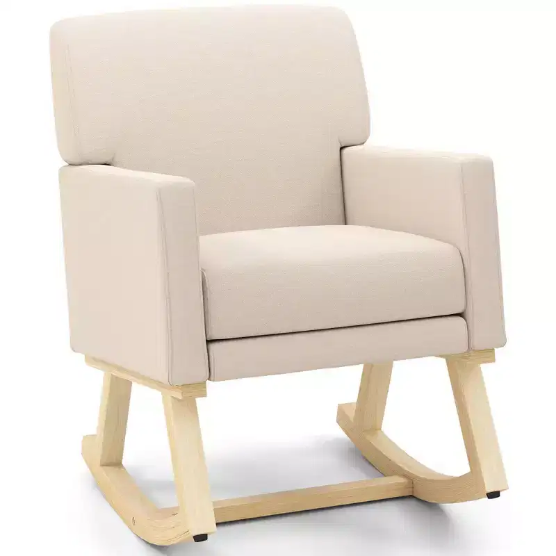 Costway Mid Century Rocking Chair Upholstered Armchair w/ Lumbar Support BeigeGray