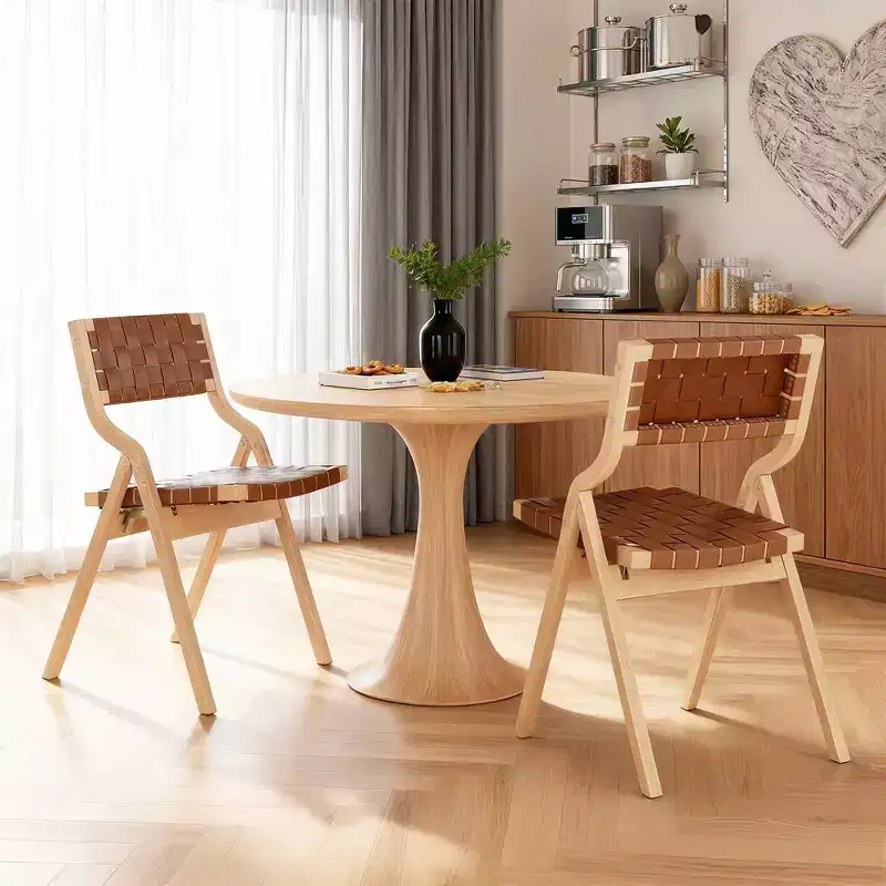 Wood Foldable & Stackable Dining Chairs for Dining Room, Woven Seat & Back, Beige - Natural
