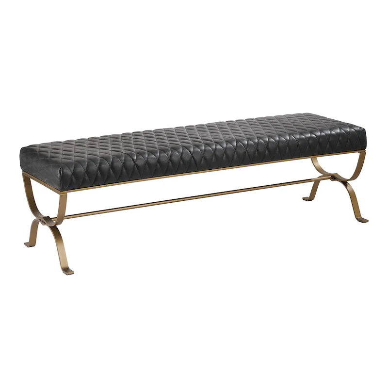 Modern Leather and Brass Iron Bench