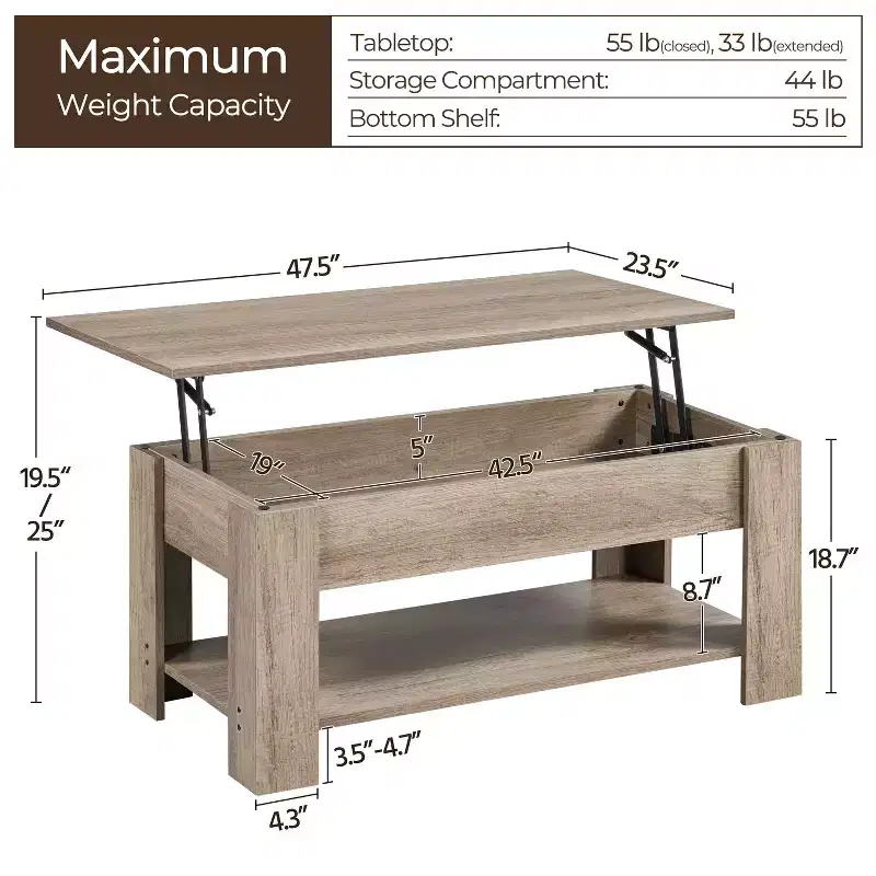 Lift Top Coffee Table with Hidden Compartment & Open Shelf For Living Room