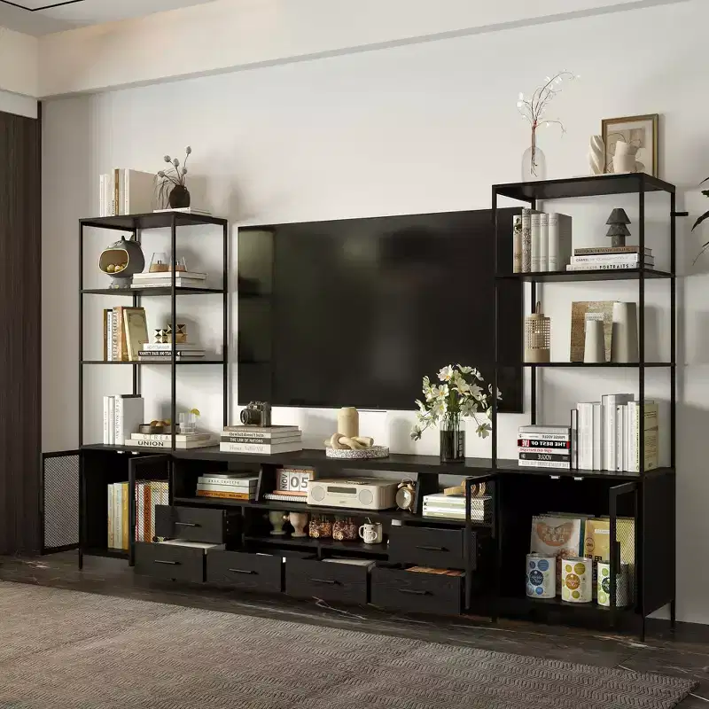 Famapy Contemporary Black TV Consoles Entertainment Center with Famapy Shelving & Drawers - Chic Storage Option for Home Media Spaces