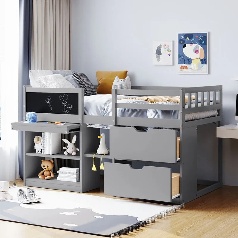 Twin Size Low Loft Bed with Rolling Desk and Storage Drawers