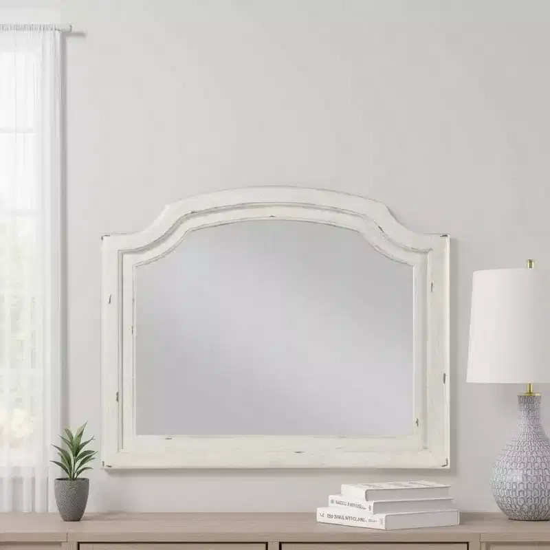 Wall Mount Dresser Mirror with Beveled Glass, 38x47, Antique White Wood Frame