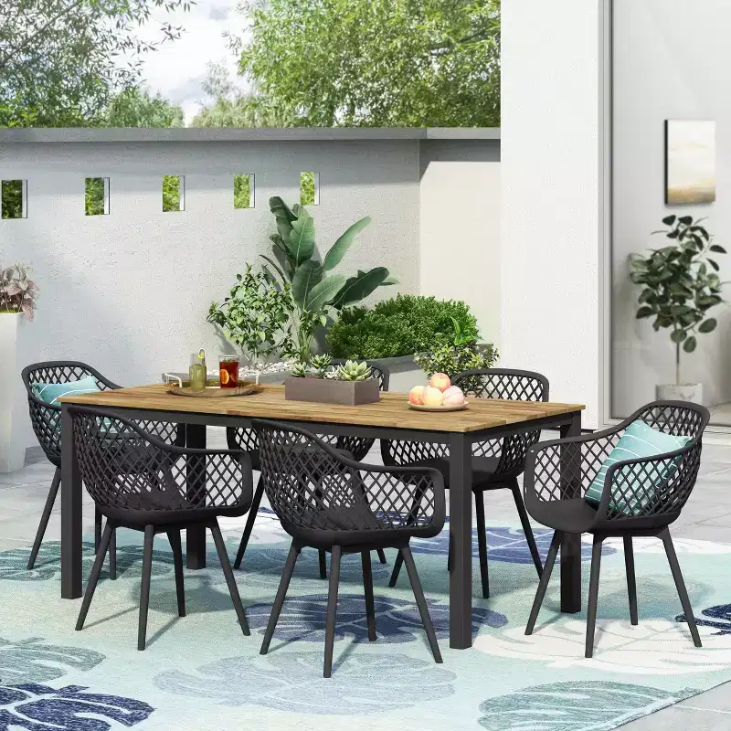 Christopher Knight Home Poppy Outdoor Acacia Wood and Resin 7 Piece Dining Set with 70.75 Dining Table, Black/Teak
