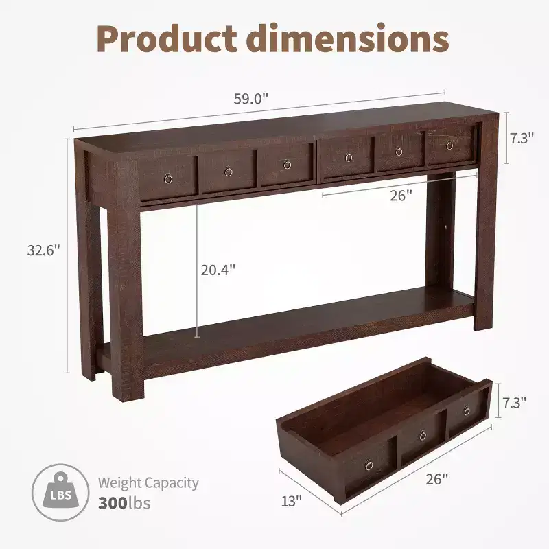 59 in Long Console Table, Wooden Entryway Table with 2 Drawers & Open Storage Shelf, Sofa Table Behind Couch, Farmhouse Entry Foyer Table for Entryway