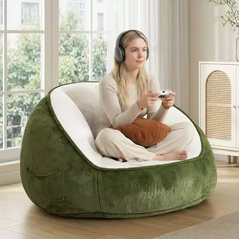 Hommpa Ergonomic Avocado Green Bean Bag Chair with Faux Fur & Memory Foam - Perfect Gift for Adults