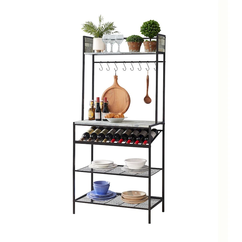 Bakers Rack with Storage Shelfs, Wine Rack and Hooks - Microwave Stand for Home Kitchen/Dining Room, Black/Gray