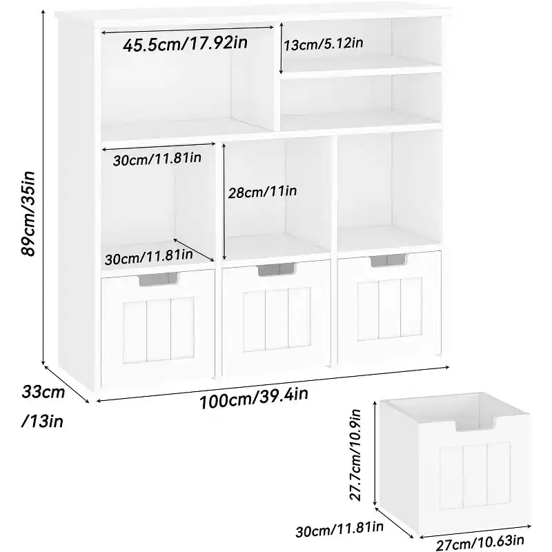 Toy Storage Cabinet with 3 Movable Drawers & 6 Cubes, Children's Toy Shelf Kids Bookshelf with Hidden Wheels, Kids Bookcase Toy Storage Organizer